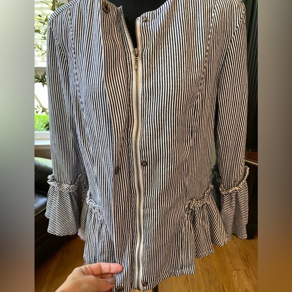 Live a Little Jacket Top Womens LAL White Navy Stripe Bell Cuff SZ Lg - Picture 2 of 6